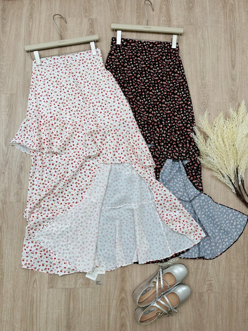 Ladies Floral Print Frill Side Slit Long Skirts